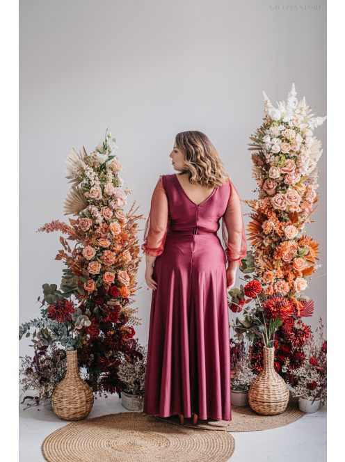 Polli ujjakkal - átlapolt, bordázott mellrészű bolero maxi ruha tüll ujjakkal