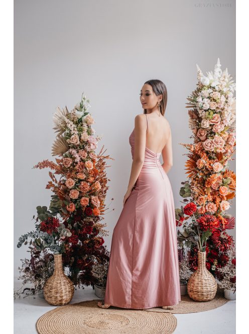 Emili- V-kivágású, ráncolt maxi ruha, vékony pántokkal shiva színben