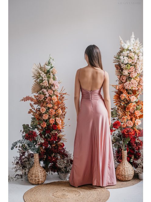 Emili- V-kivágású, ráncolt maxi ruha, vékony pántokkal shiva színben