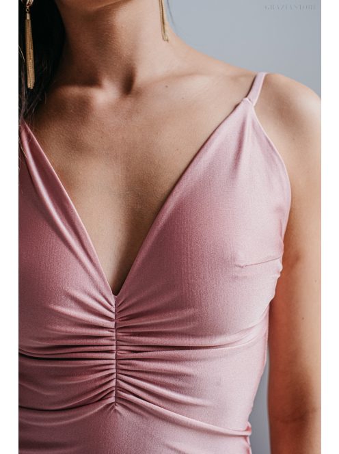 Emili- V-kivágású, ráncolt maxi ruha, vékony pántokkal shiva színben