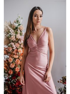   Emili- V-kivágású, ráncolt maxi ruha, vékony pántokkal shiva színben