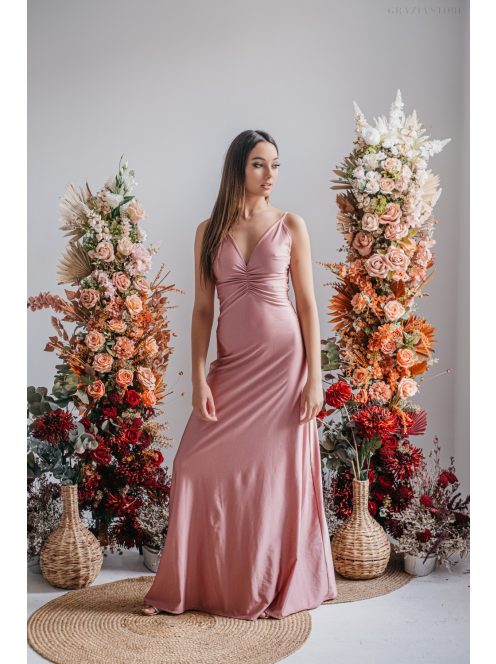 Emili- V-kivágású, ráncolt maxi ruha, vékony pántokkal shiva színben