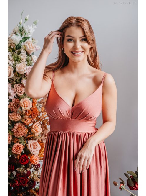 Hanna - V kivágású kenya színű maxi ruha elasztikus anyagból