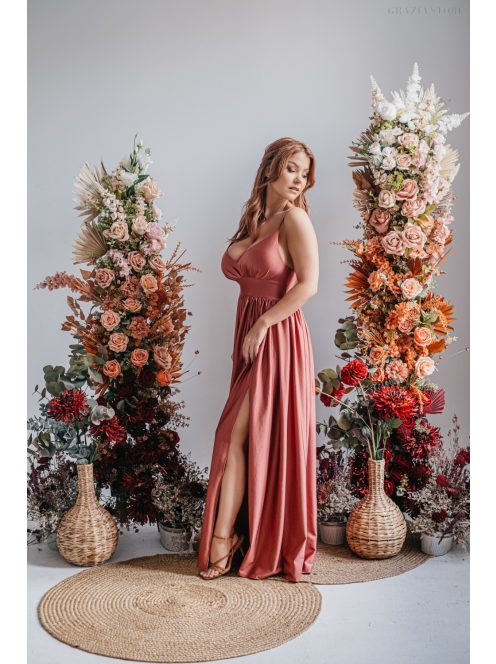 Hanna - V kivágású kenya színű maxi ruha elasztikus anyagból