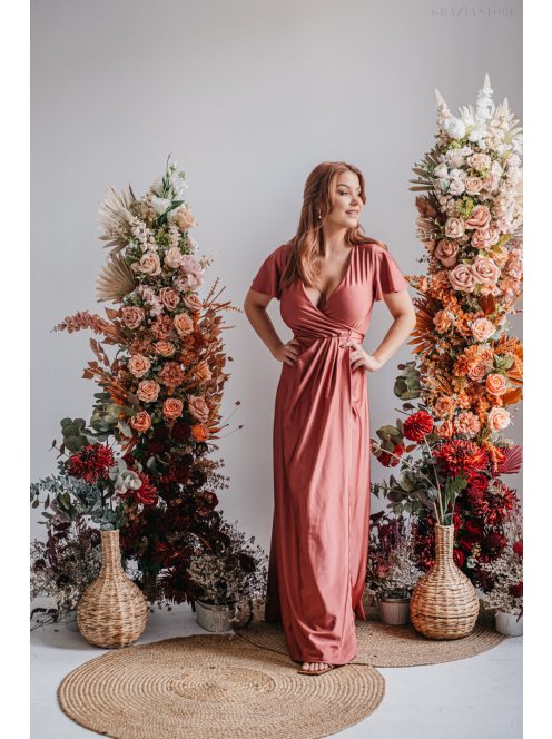 Alina – rövid ujjas átlapolt maxi ruha kenya színben