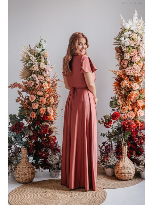 Alina – rövid ujjas átlapolt maxi ruha kenya színben