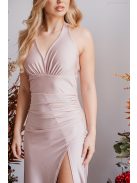 Szabina – V-kivágású szűk fazonú púder színű ruha elasztikus anyagból 