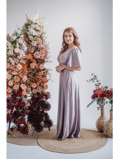 Nelli - V kivágású alchimia színű maxi ruha rövid ujjakkal 