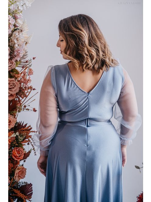 Polli - átlapolt, bordázott mellrészű riva színű maxi ruha tüll ujjakkal