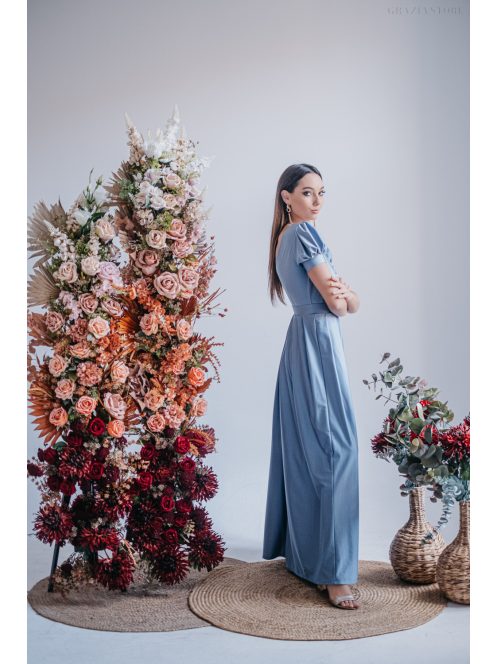 Ramóna – enyhén puffos ujjú ráncolt dekoltázsú maxi ruha riva színben