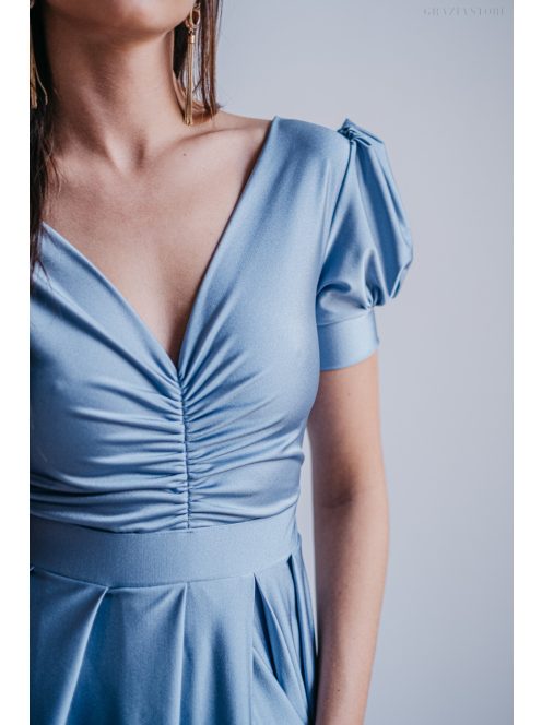 Enyhén puffos ujjú ráncolt dekoltázsú maxi ruha riva színben.