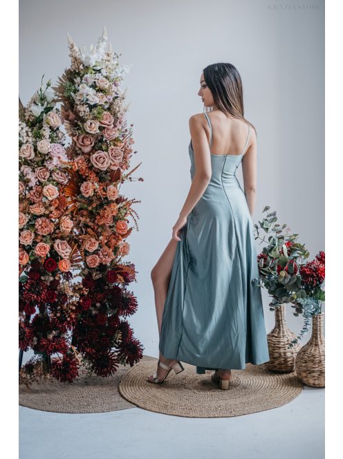 Elenor – vékony pántos V-kivágású maxi ruha foresty színben