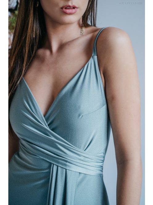 Elenor – vékony pántos V-kivágású maxi ruha foresty színben