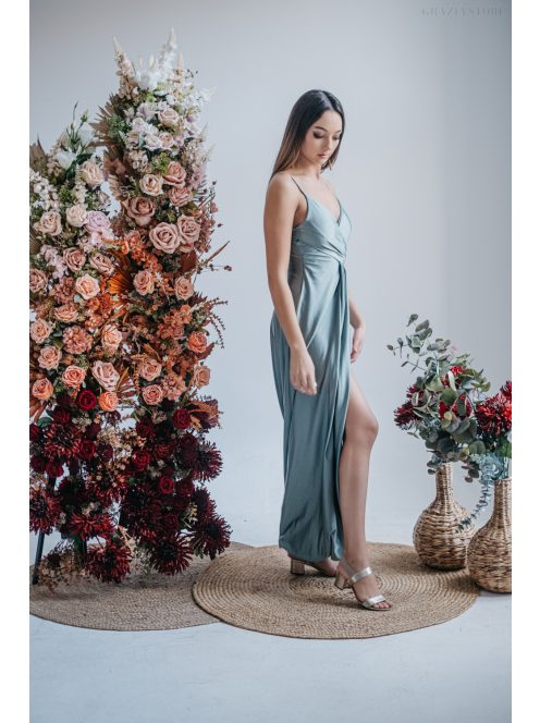 Elenor – vékony pántos V-kivágású maxi ruha foresty színben