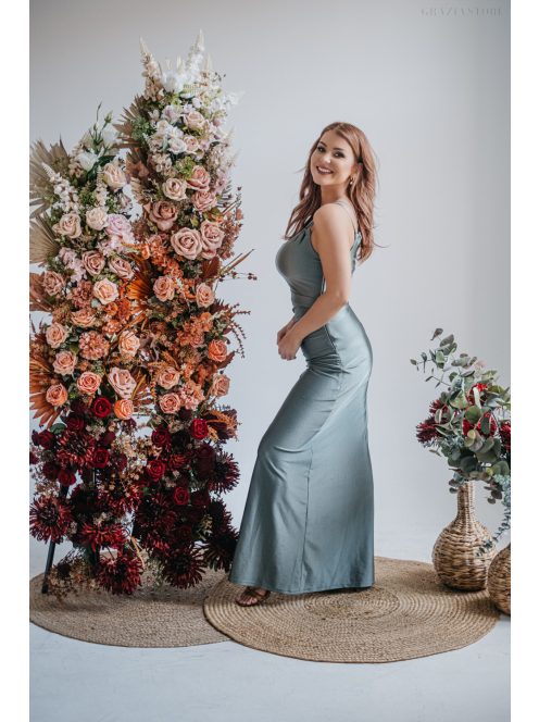 Helén – army színű maxi ruha aszimmetrikus felsőrésszel 