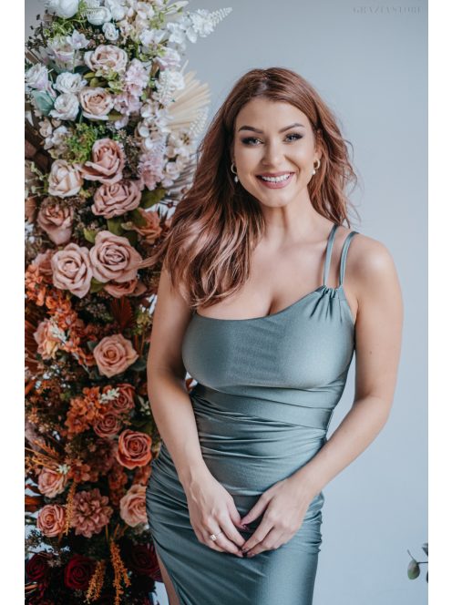 Helén – army színű maxi ruha aszimmetrikus felsőrésszel 