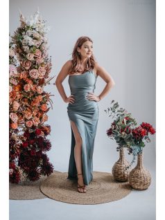   Helén – army színű maxi ruha aszimmetrikus felsőrésszel 