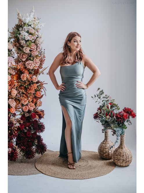 Helén – army színű maxi ruha aszimmetrikus felsőrésszel 