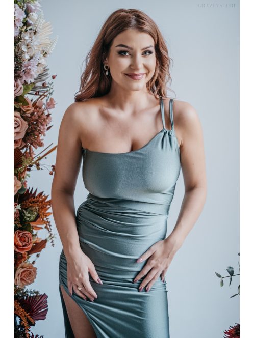 Helén – army színű maxi ruha aszimmetrikus felsőrésszel 