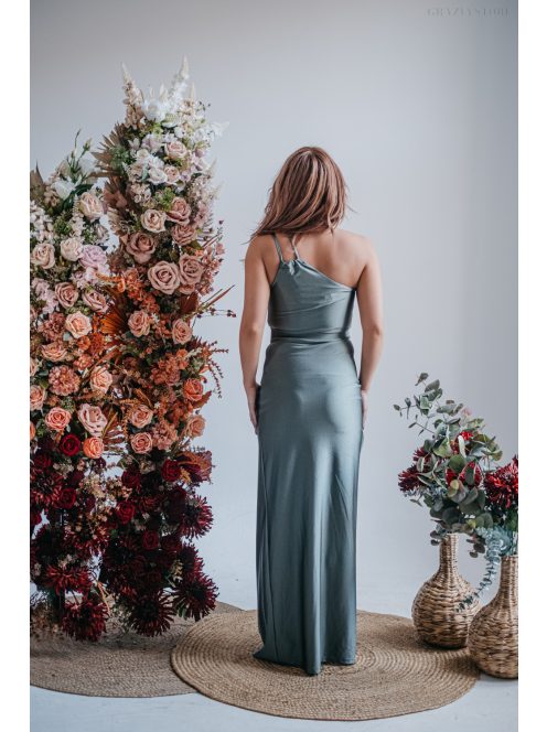 Helén – army színű maxi ruha aszimmetrikus felsőrésszel 