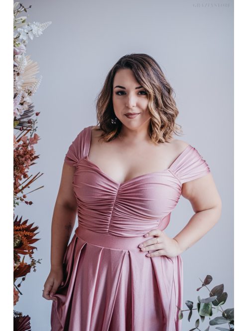 Inez – ráncolt felsőrészű, romantikus ujjú shiva színű maxi ruha 