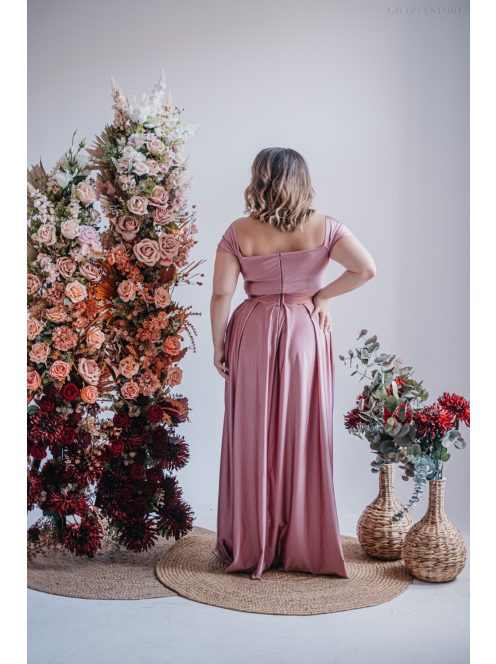 Inez – ráncolt felsőrészű, romantikus ujjú shiva színű maxi ruha 