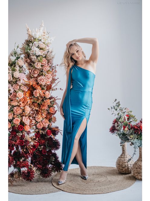 Féloldalas maxi ruha szűk szoknyával blue fondale színben.