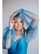 Adél– U-kivágású maxi ruha strasszköves tüll ujjakkal blue fondale színben