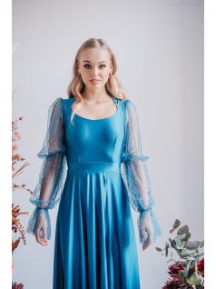   Adél– U-kivágású maxi ruha strasszköves tüll ujjakkal blue fondale színben