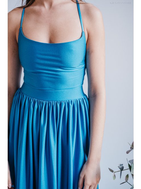 Petrolkék színű maxi ruha hátán pántokkal alkalmakra.