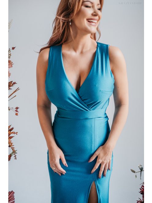 Zóra - átlapolt mellrészű maxi ruha blue fondale színben szűk szoknyával