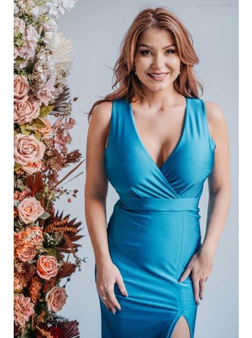 Zóra - átlapolt mellrészű maxi ruha blue fondale színben szűk szoknyával