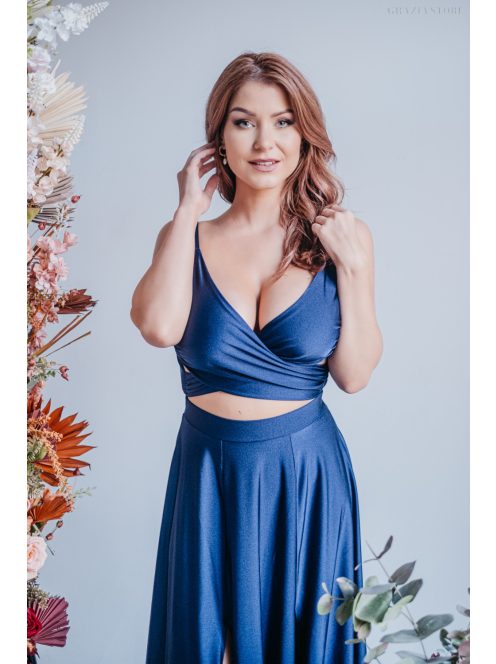 Különleges maxi ruha keresztezett felsővel sötétkék színben.