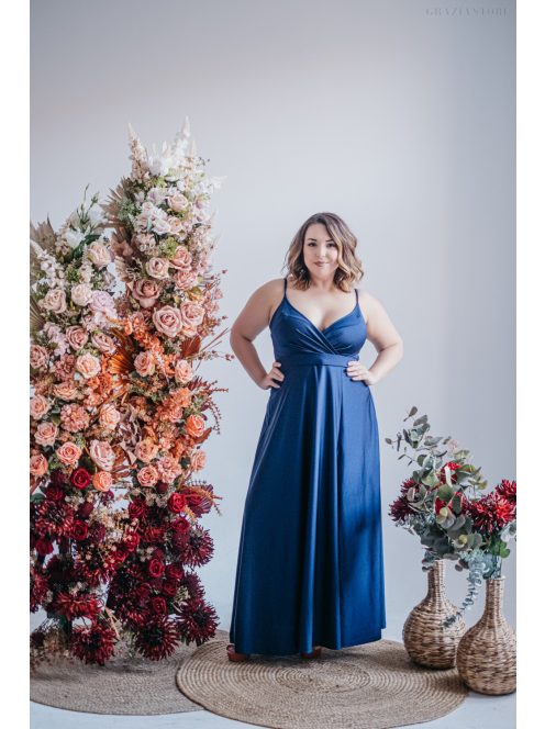 Abigél – átlapolt mellrészű blue scuro színű maxi ruha 