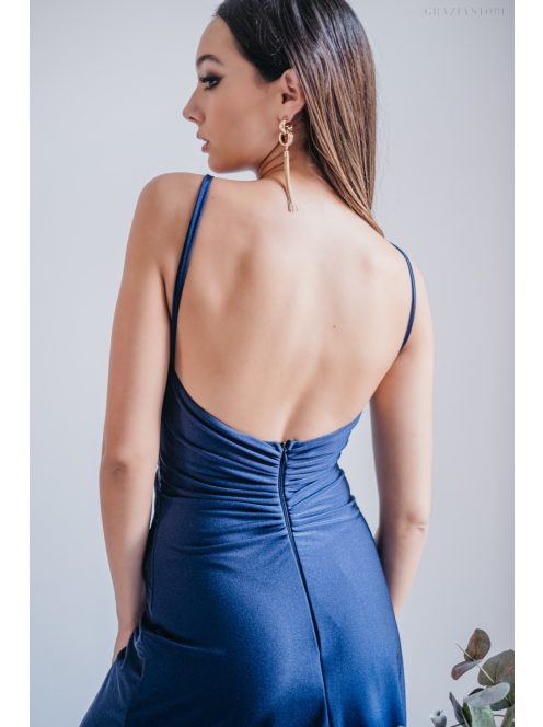 Emili- V-kivágású, ráncolt maxi ruha, vékony pántokkal blue scuro színben