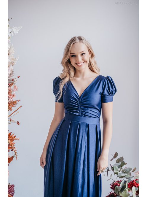 Ramóna – enyhén puffos ujjú ráncolt dekoltázsú maxi ruha blue scuro színben