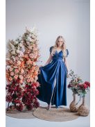 Ramóna – enyhén puffos ujjú ráncolt dekoltázsú maxi ruha blue scuro színben