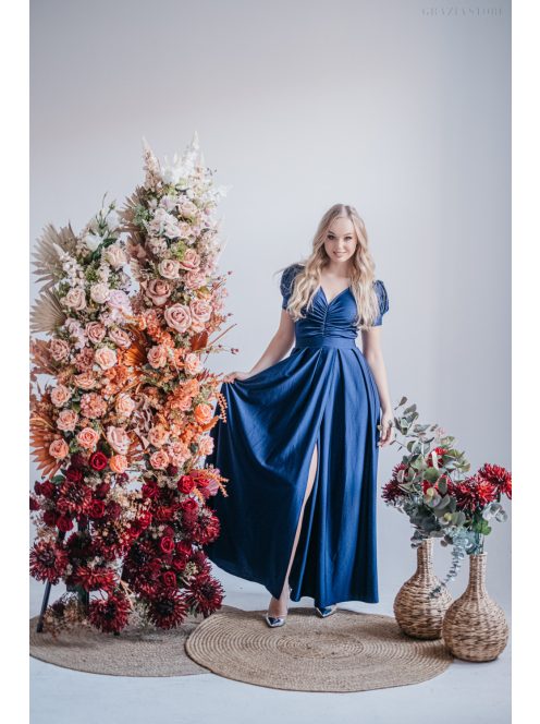 Ramóna – enyhén puffos ujjú ráncolt dekoltázsú maxi ruha blue scuro színben