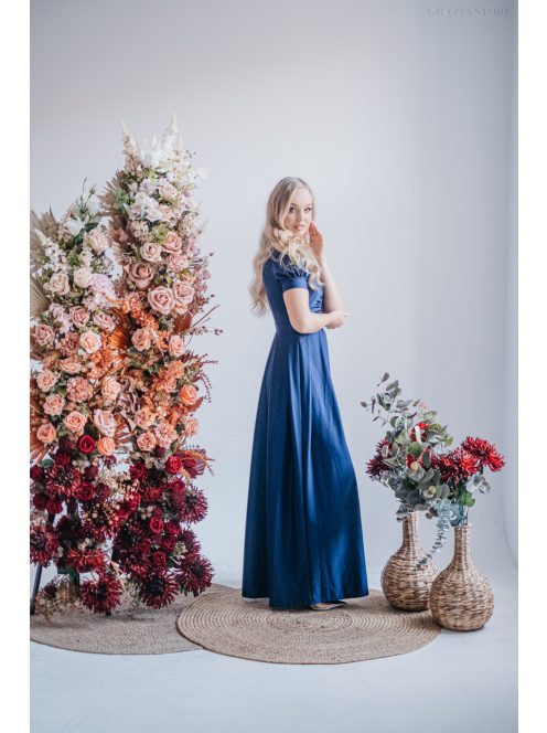 Ramóna – enyhén puffos ujjú ráncolt dekoltázsú maxi ruha blue scuro színben