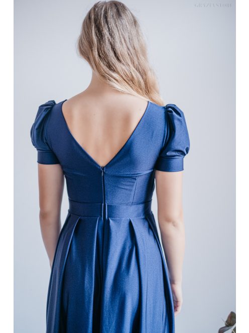 Ramóna – enyhén puffos ujjú ráncolt dekoltázsú maxi ruha blue scuro színben