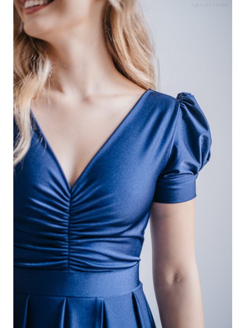 Ramóna – enyhén puffos ujjú ráncolt dekoltázsú maxi ruha blue scuro színben