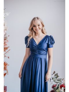   Ramóna – enyhén puffos ujjú ráncolt dekoltázsú maxi ruha blue scuro színben