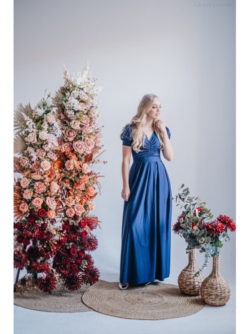 Ramóna – enyhén puffos ujjú ráncolt dekoltázsú maxi ruha blue scuro színben