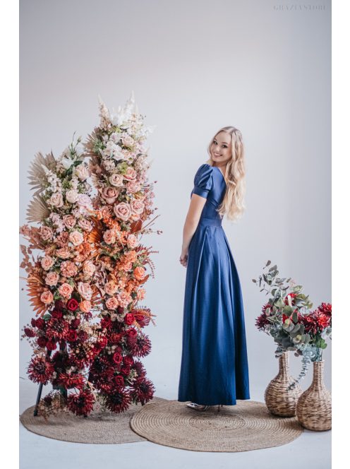 Ramóna – enyhén puffos ujjú ráncolt dekoltázsú maxi ruha blue scuro színben