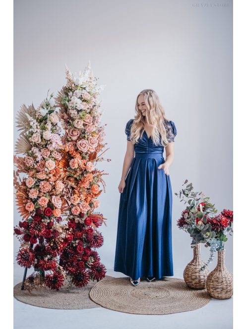 Ramóna – enyhén puffos ujjú ráncolt dekoltázsú maxi ruha blue scuro színben