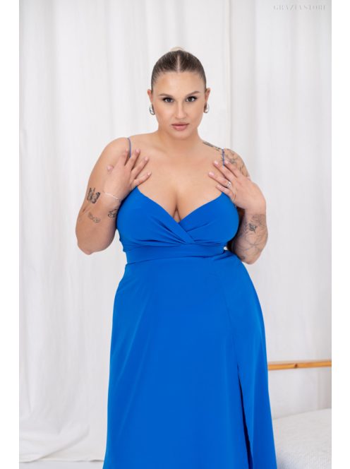 Abigél átlapolt mellrészű, vékony pántos muszlin maxi, kék színben. 