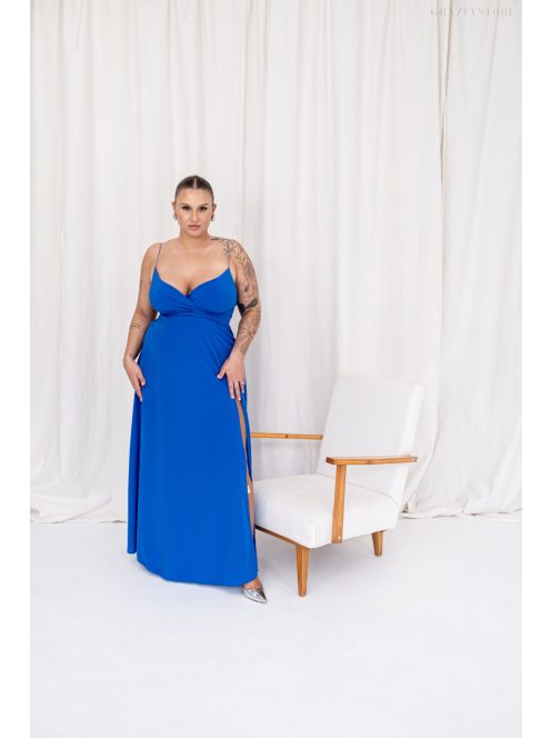 Abigél – átlapolt mellrészű királykék színű muszlin maxi ruha