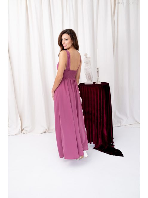 Mira – V-kivágású, gumis hátú muszlin maxi ruha rose színben