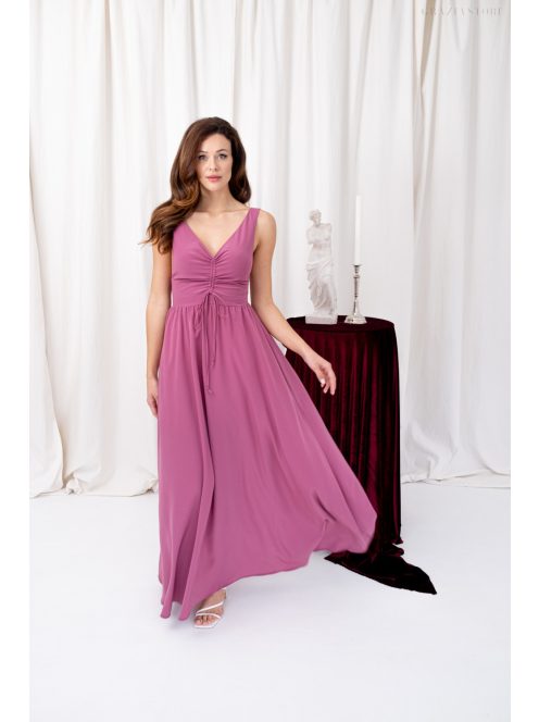 Mira – V-kivágású, gumis hátú muszlin maxi ruha rose színben