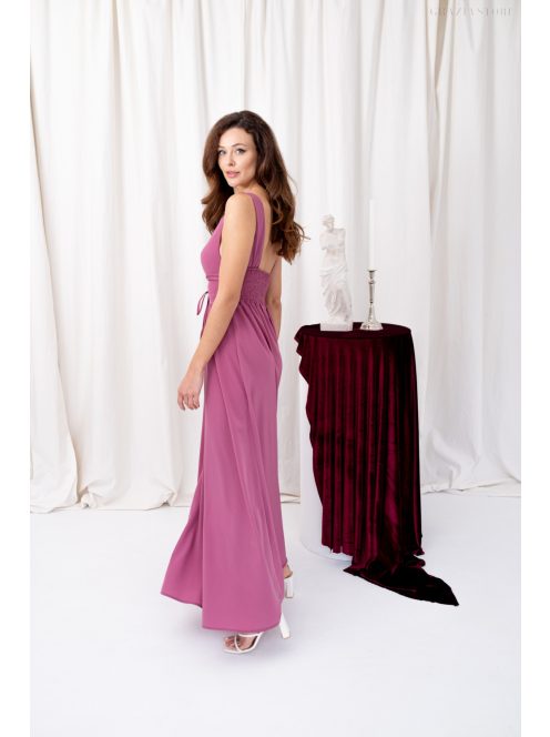 Mira – V-kivágású, gumis hátú muszlin maxi ruha rose színben